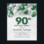 Budget Green Silver Balloon Glitter 90th Birthday<br><div class="desc">Modern Glam Emerald Green Silver Balloon Glitter Sparkle Any Age Birthday Invitation</div>