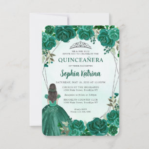 Budget Green Silver Floral Princess Quinceañera Card