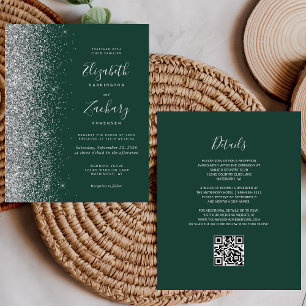 Budget Green Silver Glitter QR Code Wedding Invite