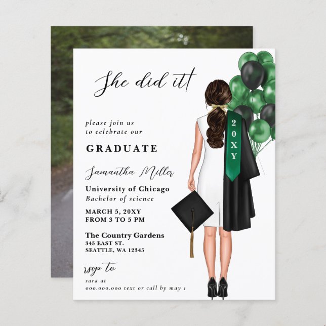 Budget Green  Simple Photo She Did It Graduation (Front/Back)