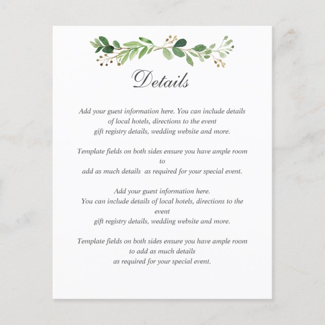 BUDGET Green Summer Spring Garden WEDDING DETAILS (Front)