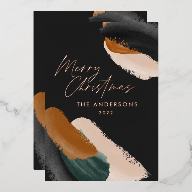 budget green terracotta modern minimal watercolor foil holiday card (Front/Back)