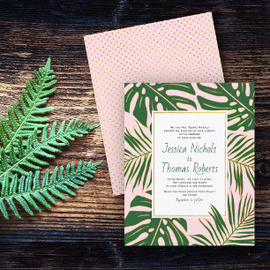 BUDGET Green tropical leaves wedding invitation