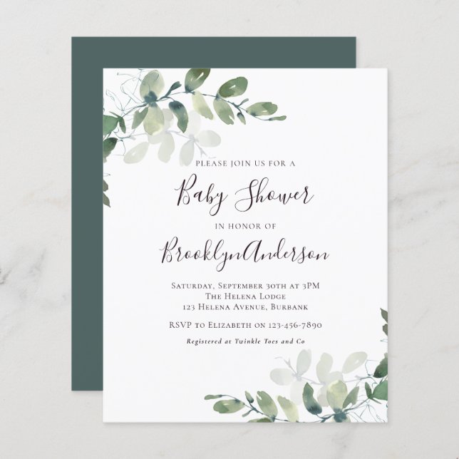 Budget Greenery Baby Shower Invitation (Front/Back)