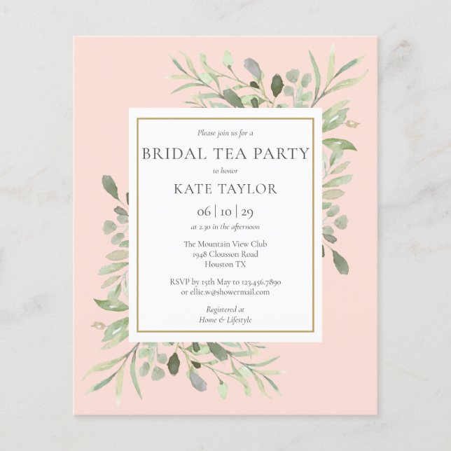 Budget Greenery Blush Pink Bridal Tea Party Invite (Front)