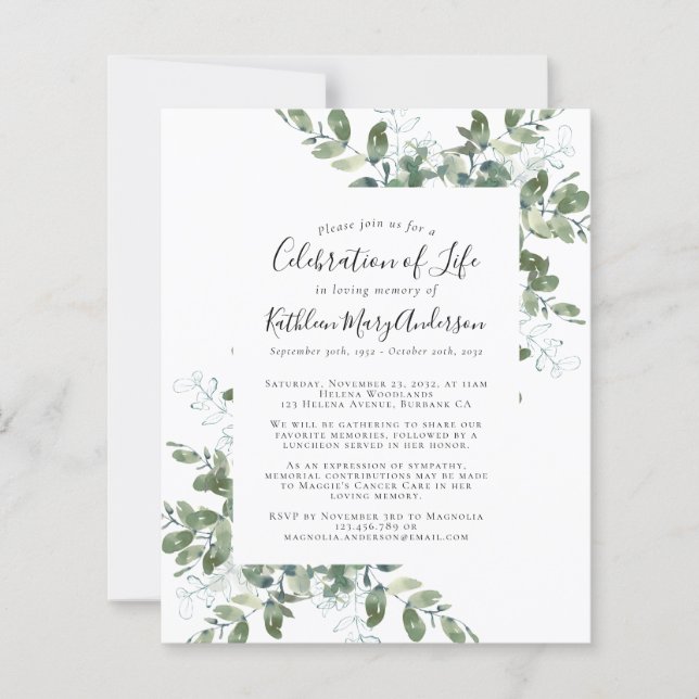 Budget Greenery Celebration of Life Invitation (Front)