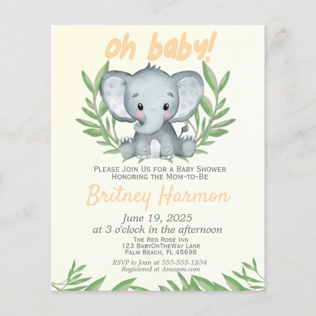 Budget Greenery Elephant Neutral Baby Shower Flyer (Front)