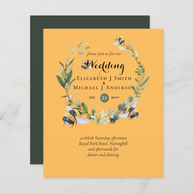 BUDGET Greenery Eucalyptus Bees Wedding Invites (Front/Back)