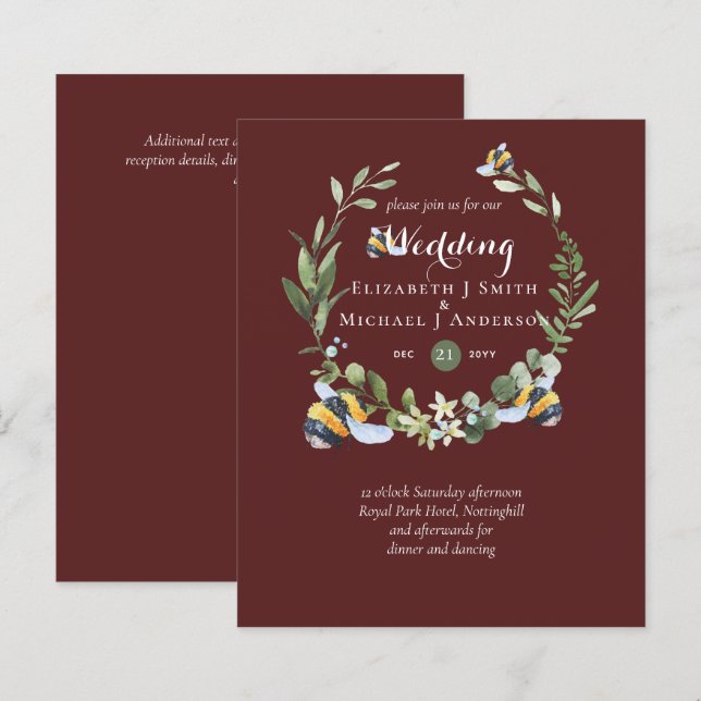 BUDGET Greenery Eucalyptus Bees Wedding Invites (Front/Back)