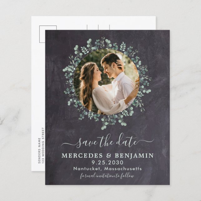 Budget Greenery Eucalyptus Photo Save The Date Pos (Front/Back)