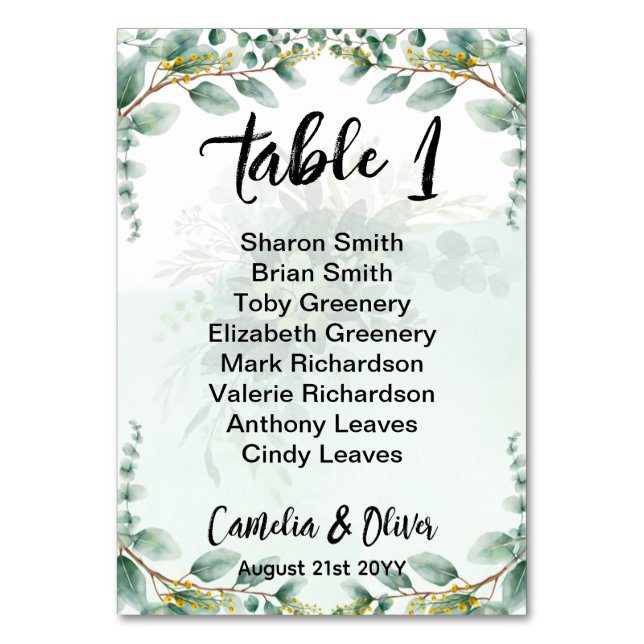 BUDGET Greenery Eucalyptus SEATING CHART Wedding Table Number (Front)