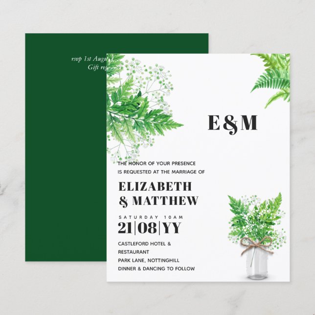 BUDGET Greenery Ferns Monochromatic Wedding Invite (Front/Back)