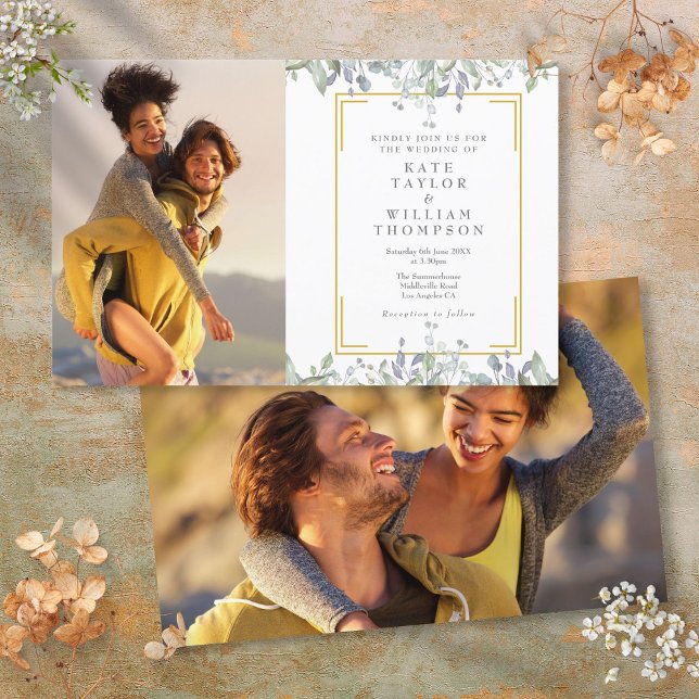 Budget Greenery Floral 2 Photo Wedding Invitation (Budget Greenery Floral 2 Photo Wedding Invitation)