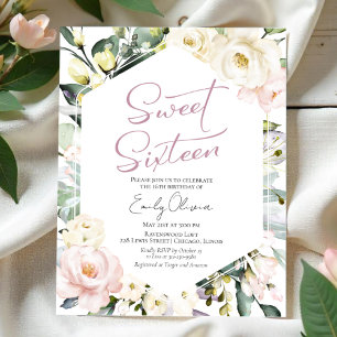Budget Greenery Floral Frame Sweet 16 Invitation