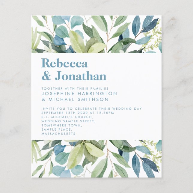 Budget Greenery Foliage Blue Wedding Invitation (Front)