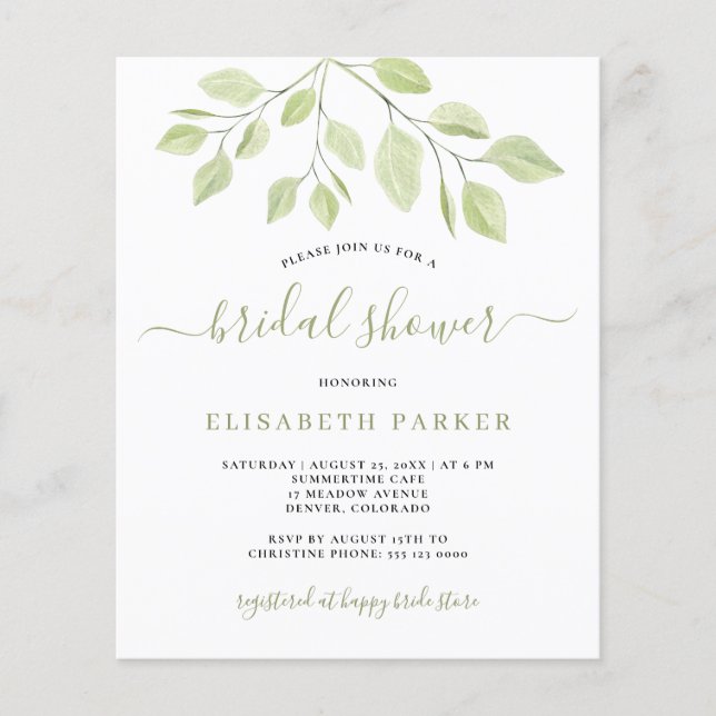 BUDGET greenery foliage bridal shower invitation (Front)