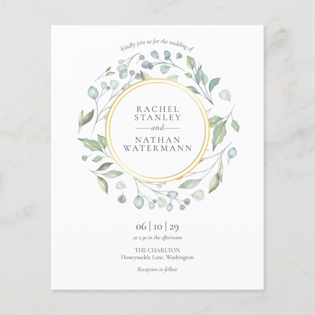 Budget Greenery Garland Gold Wedding Invitation (Front)