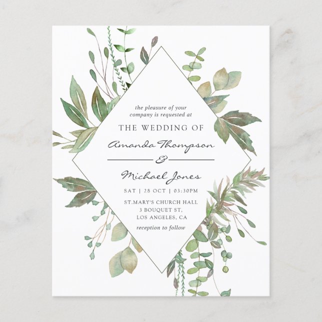 Budget Greenery Geometric Wedding Invitation Flyer (Front)