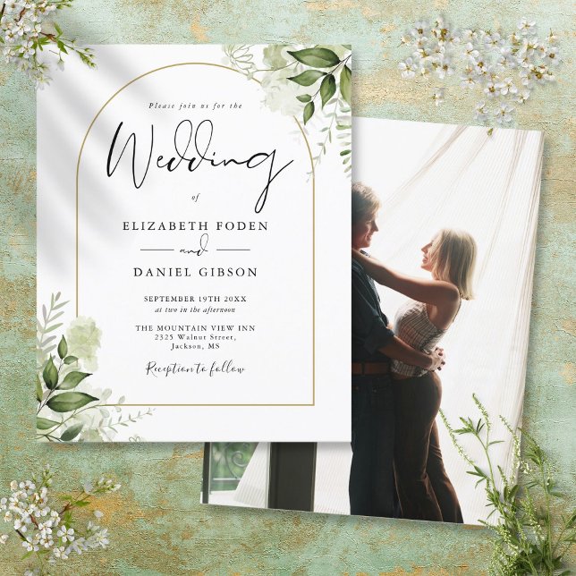 Budget Greenery Gold Arch Photo Wedding Invitation (Budget Greenery Gold Arch Photo Wedding Invitation)