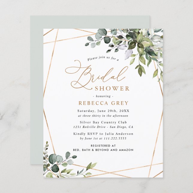 Budget Greenery Gold Bridal Shower Invitation (Front/Back)