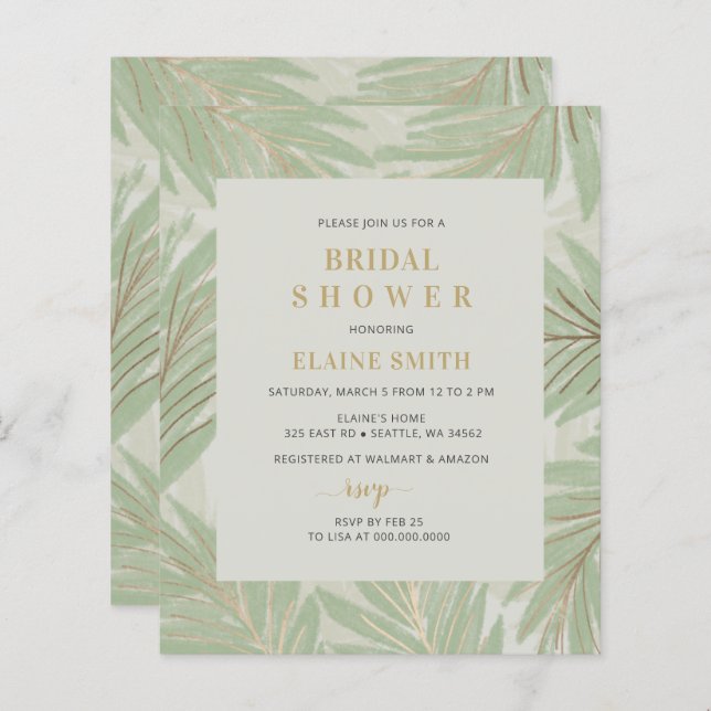 Budget Greenery Gold Bridal Shower Invitation (Front/Back)