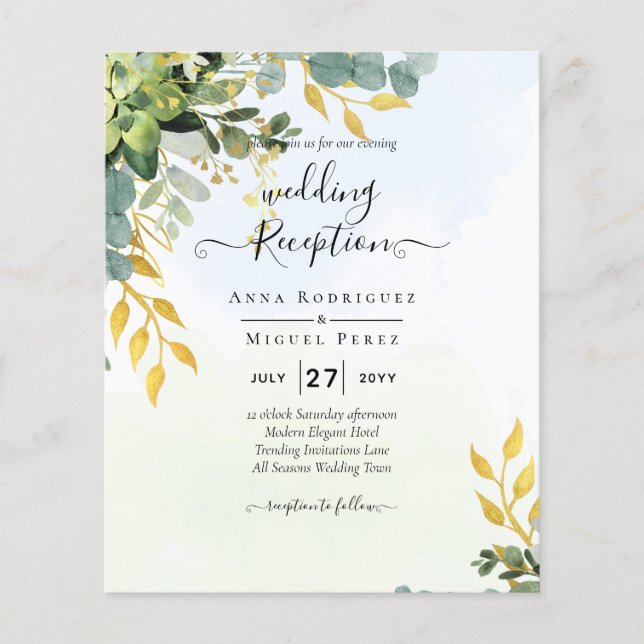 BUDGET Greenery Gold Eucalyptus Leaves Wedding Flyer (Front)