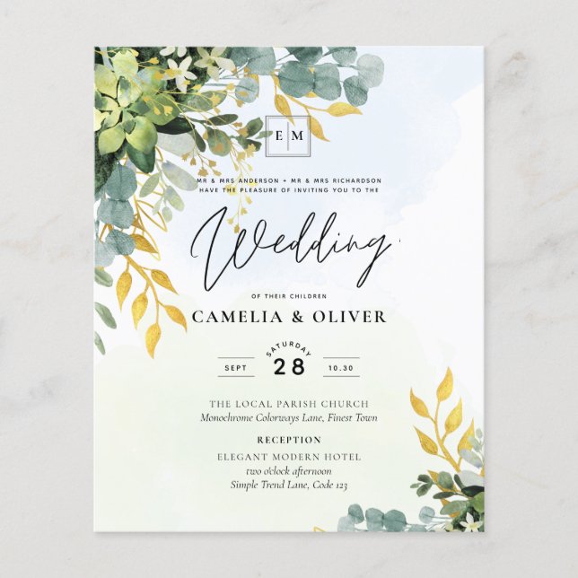 BUDGET Greenery Gold Eucalyptus Leaves Wedding Flyer (Front)