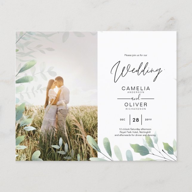 BUDGET Greenery Leaves Photo Overlay Wedding QR Flyer (Front)