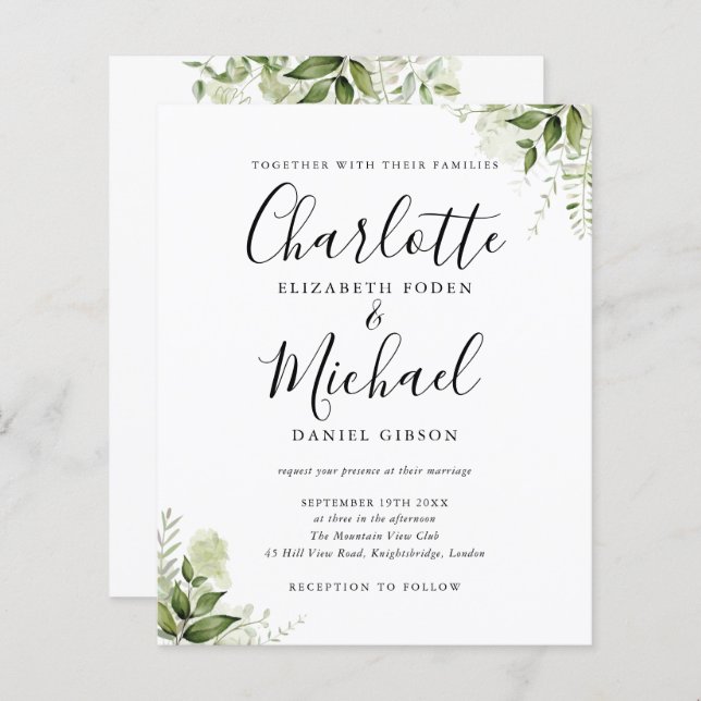 Budget Greenery Leaves Script Wedding Invitation (Front/Back)