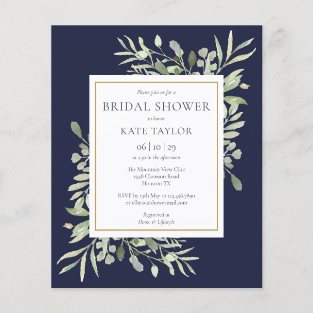 Budget Greenery Navy Blue Bridal Shower Invitation (Front)