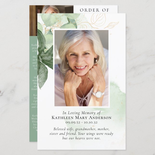 BUDGET Greenery Photo Memorial Service Program (Front/Back)