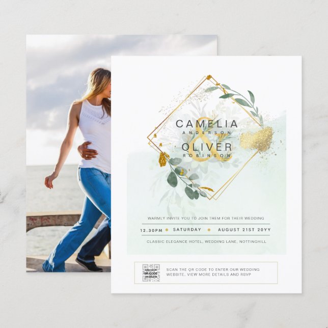 BUDGET Greenery PHOTO Wedding Invitation QR CODE (Front/Back)