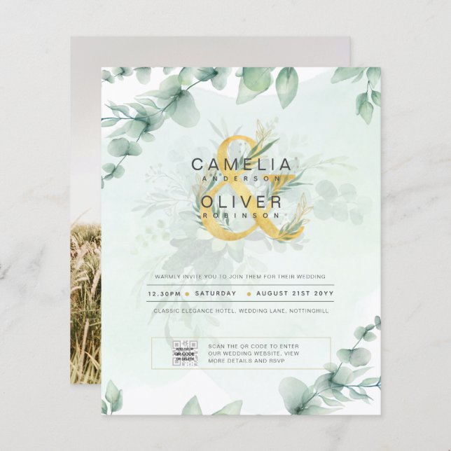 BUDGET Greenery PHOTO Wedding Invitation QR CODE (Front/Back)