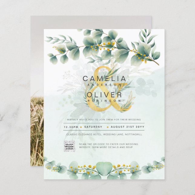 BUDGET Greenery PHOTO Wedding Invitation QR CODE (Front/Back)