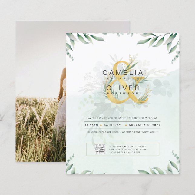 BUDGET Greenery PHOTO Wedding Invitation QR CODE (Front/Back)