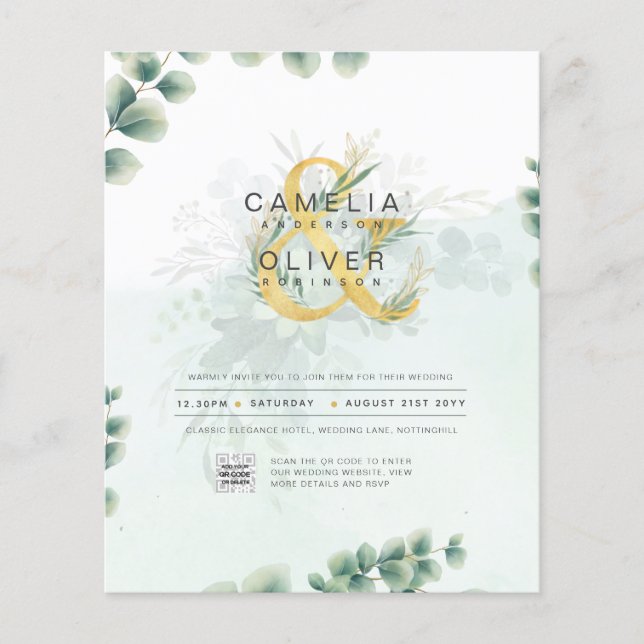 BUDGET Greenery PHOTO Wedding Invitation QR CODE F Flyer (Front)
