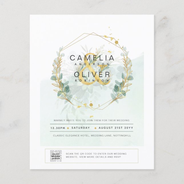 BUDGET Greenery PHOTO Wedding Invitation QR CODE F Flyer (Front)