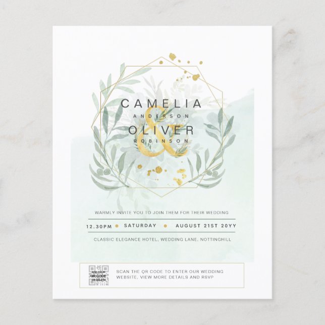 BUDGET Greenery PHOTO Wedding Invitation QR CODE Flyer (Front)