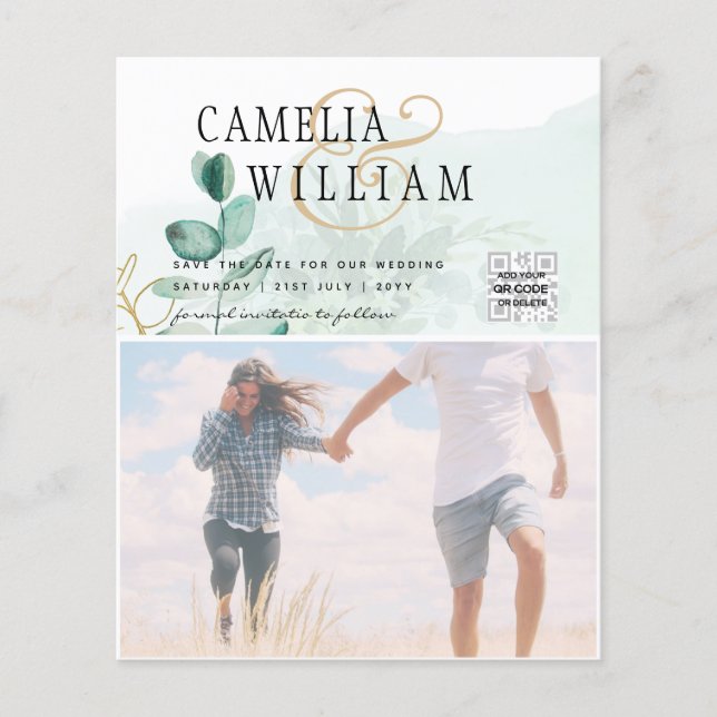 BUDGET Greenery PHOTO Wedding Save The Date QRcode Flyer (Front)