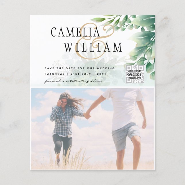BUDGET Greenery PHOTO Wedding Save The Date QRcode Flyer (Front)
