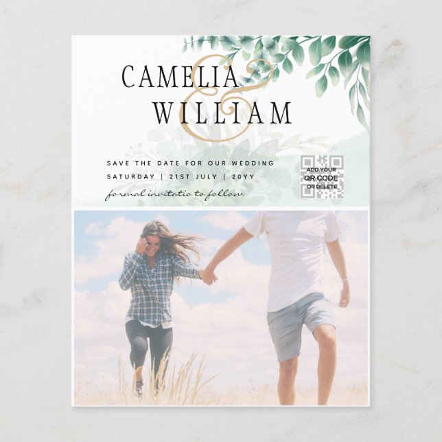 BUDGET Greenery PHOTO Wedding Save The Date QRcode Flyer (Front)
