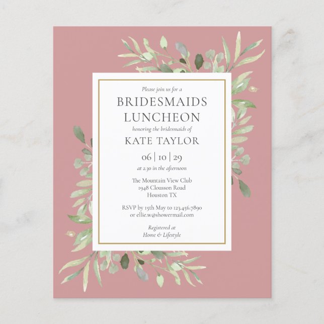 Budget Greenery Pink Bridesmaids Luncheon Invite (Front)