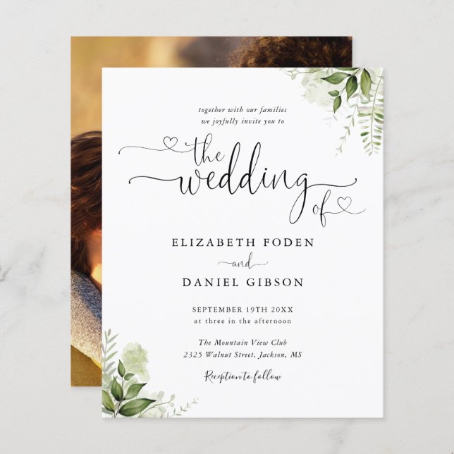 Budget Greenery Script Photo Wedding Invitation (Front/Back)