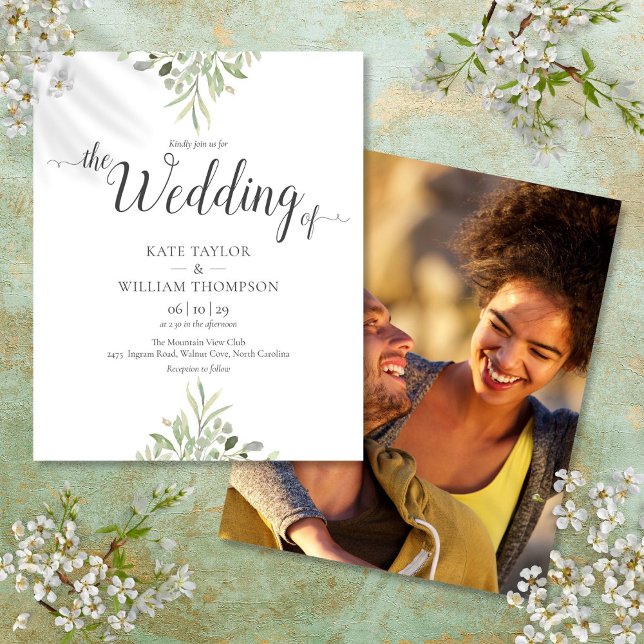 Budget Greenery Script Wedding Photo Invitation (Creator Uploaded)