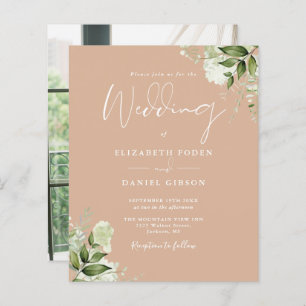 Budget Greenery Tan Photo Wedding Invitation