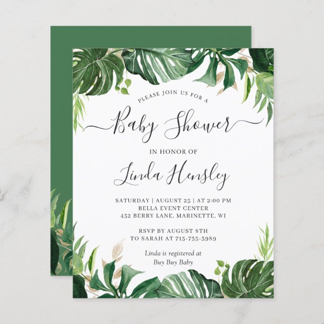 Budget Greenery Tropical Baby Shower Invitations (Front/Back)