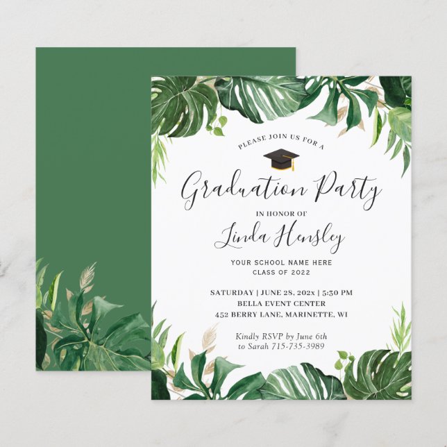 Budget Greenery Tropical Graduation Party Invite (Front/Back)