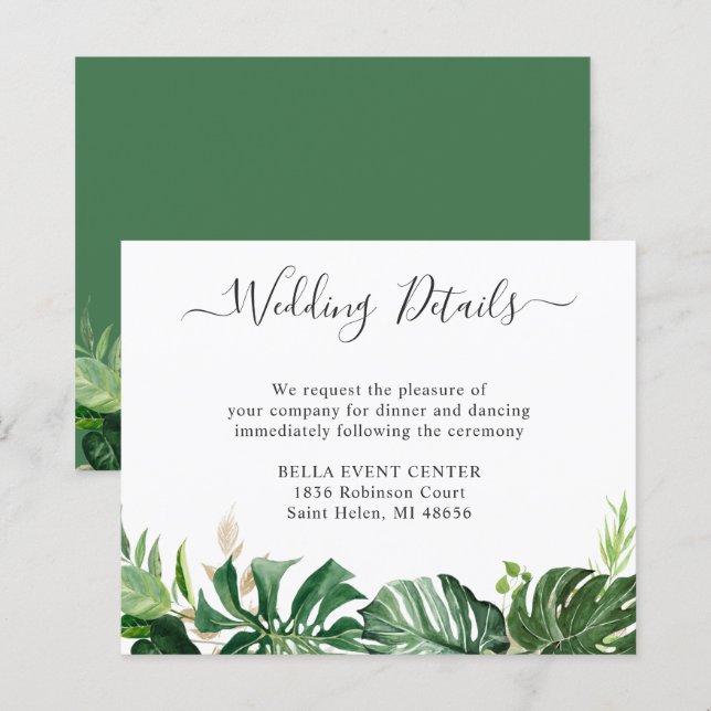 Budget Greenery Tropical Palm Wedding Details Card (Front/Back)