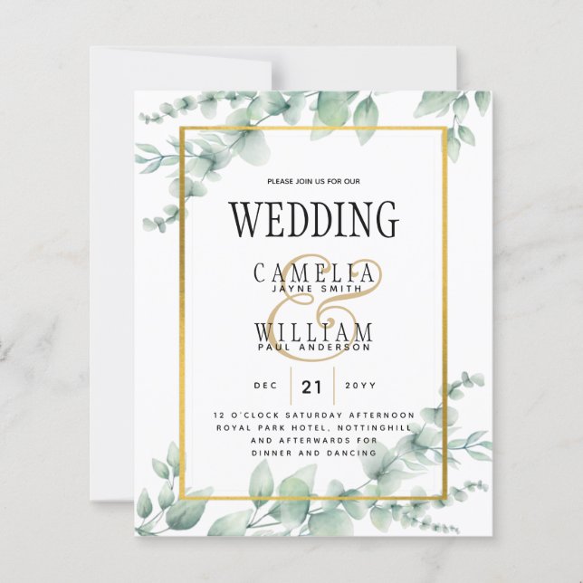 BUDGET Greenery Wedding Invitation QR CODE RSVP  (Front)