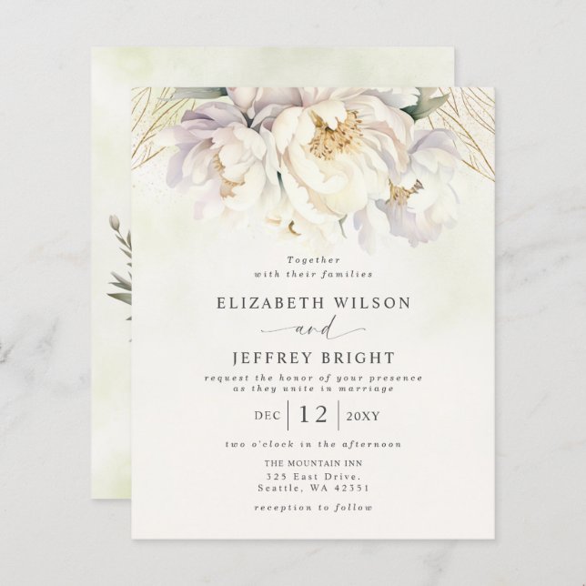Budget Greenery White Floral Wedding Invitations (Front/Back)